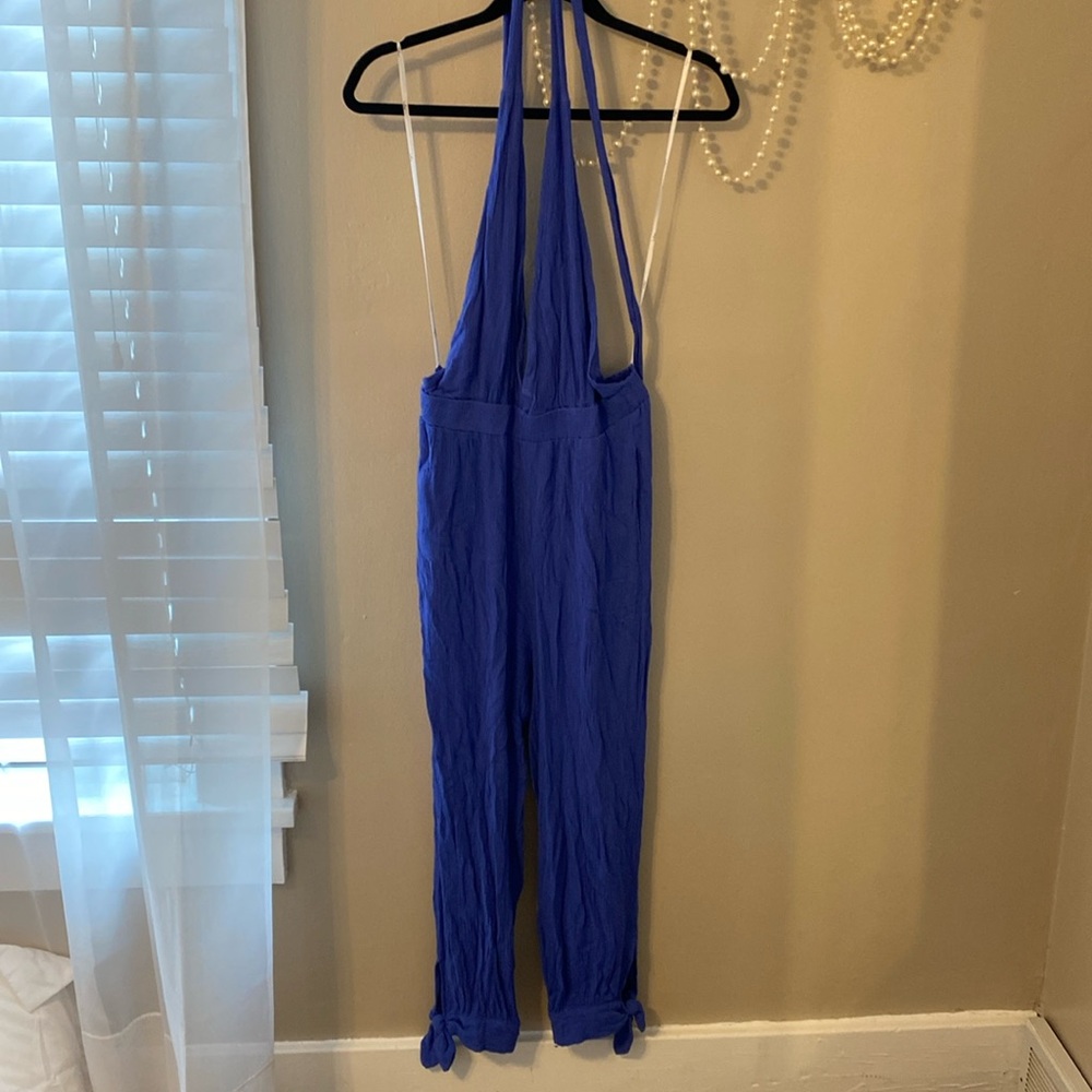Blue halter backless jumpsuit